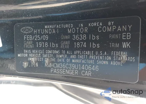 2009 Hyundai Accent Gs z USA, uszkodzony, nr VIN KMHCM36C39U140646